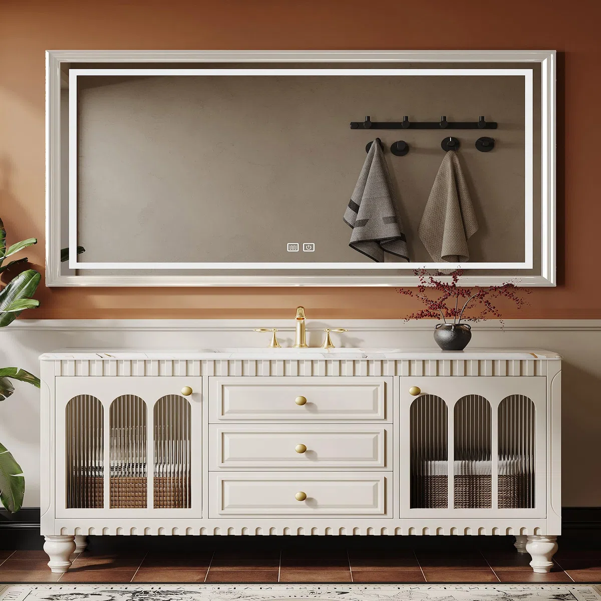 Meuble de salle de bain de style français simple avec armoire en bois massif, miroir de rangement intelligent, charnières à fermeture douce, design élégant pour salles de bains modernes