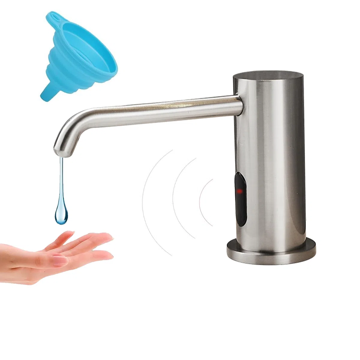 Distributeur de savon automatique sans contact pour évier de cuisine et salle de bain - Distributeur de savon électrique liquide commercial en nickel brossé avec bouteille et pompe - Nickel brossé