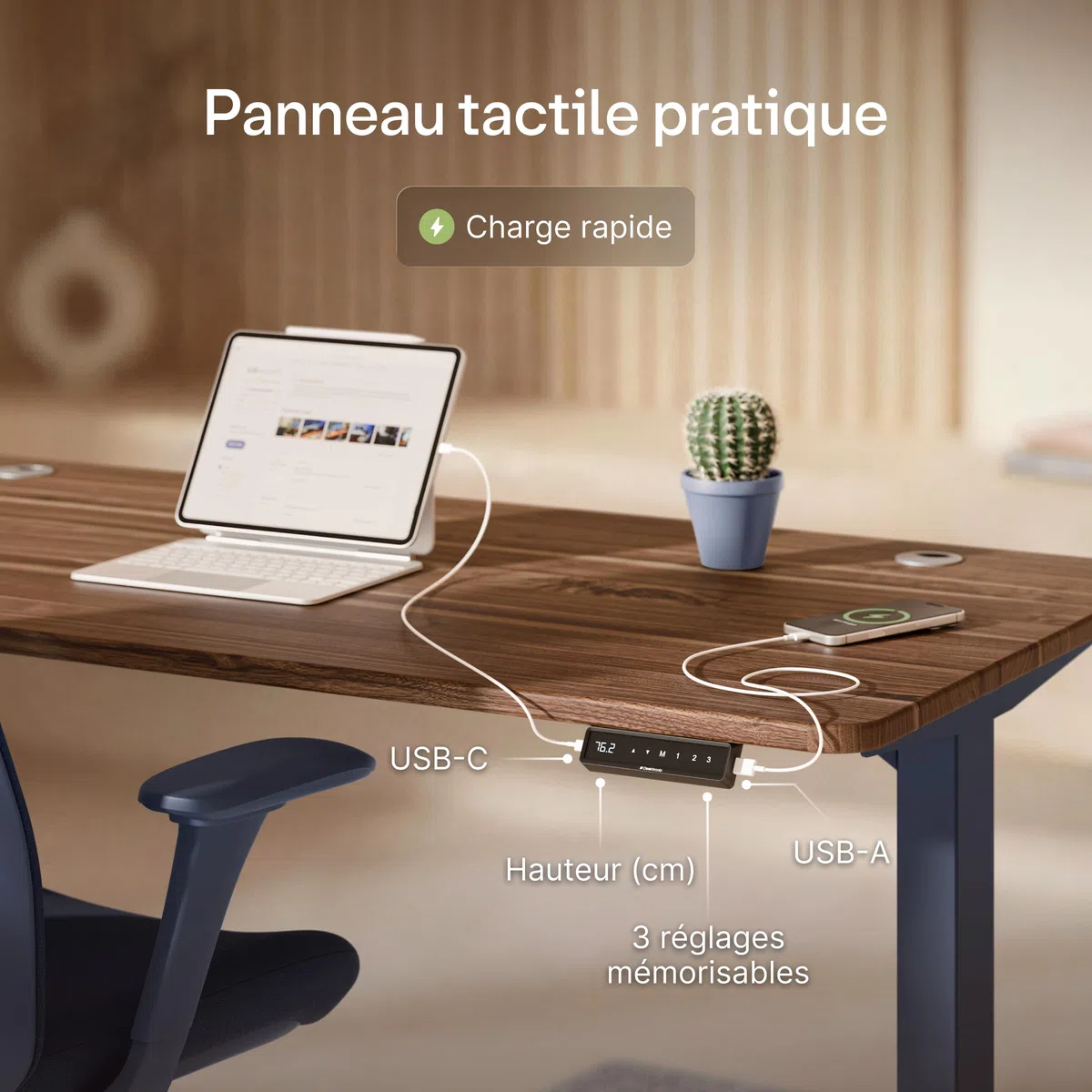 Desktronic Bureau Assis-Debout Électrique – Plateau de Table en Bois Massif – Hauteur Réglable et Stabilisée – Commande Tactile avec Mémoires – Ports USB Intégrés – Tableau Assis-Debout 180x80cm
