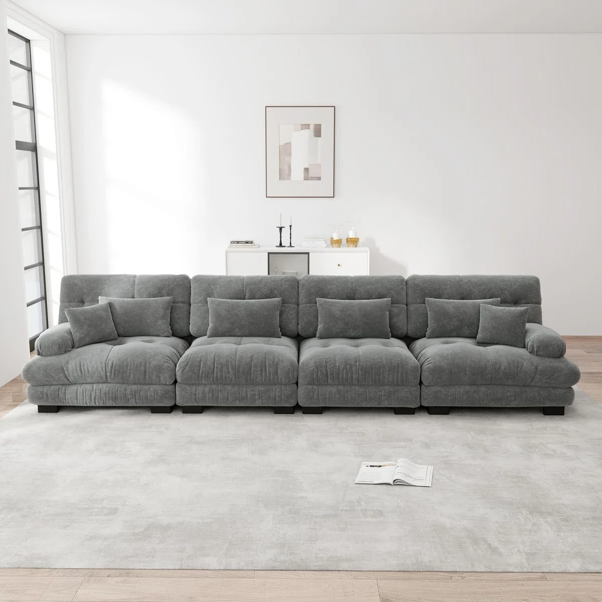 KOMHTOM Canapé Modulable Design Vintage en Tissu Chenille avec Accoudoirs Ergonomiques et Assise Profonde – Configuration en L, U ou Droit pour Salon et Burea (Gris, 4 Places)