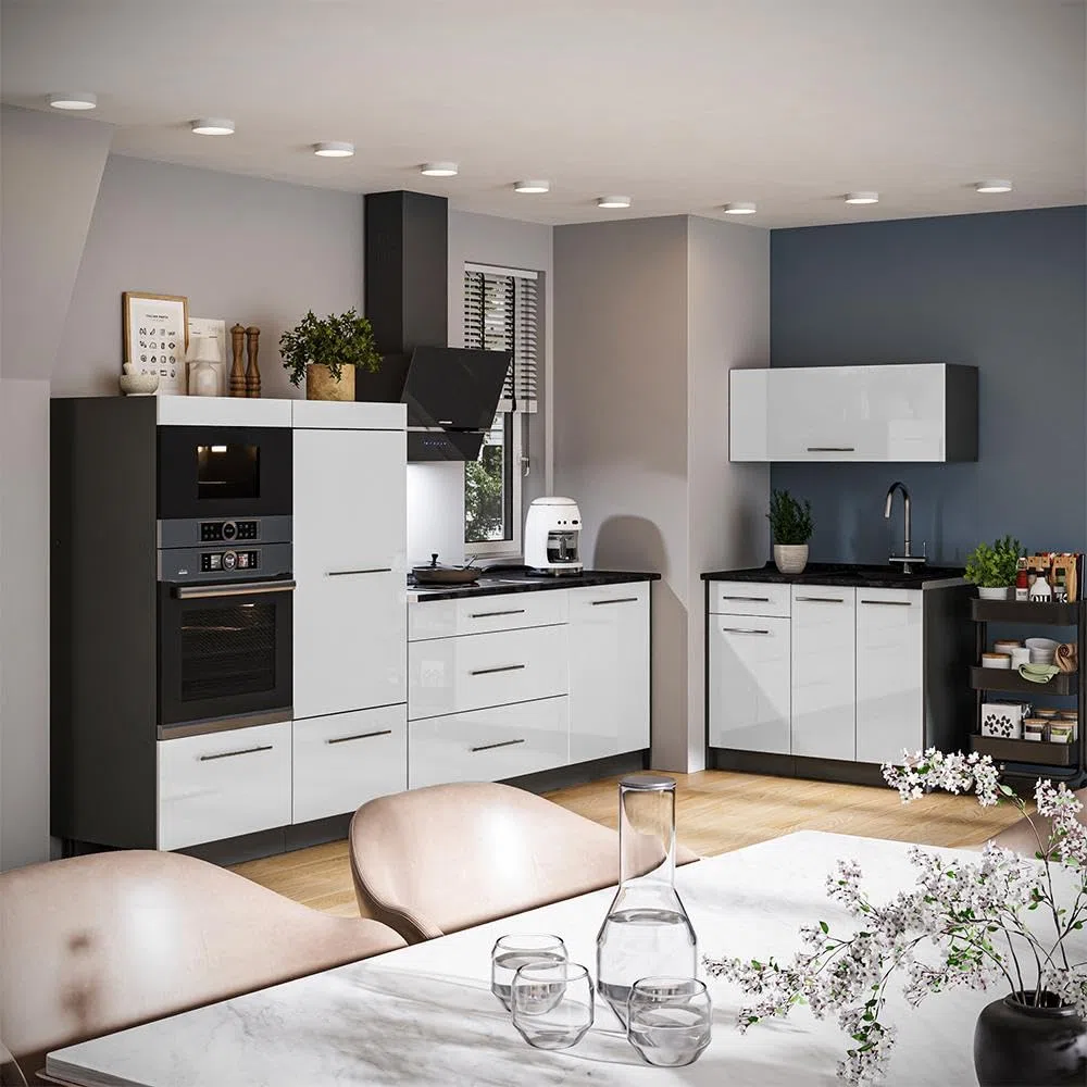 Vicco Cuisine Fame-Line, Blanc Haute Brillance/Anthracite, 380cm