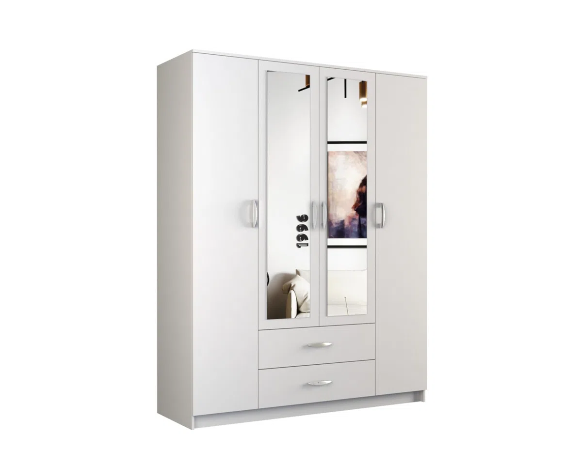 VBChome Armoire 160 x 52 x 205 cm - Blanc - 4 portes - 2 tiroirs - Miroir - Armoire de couloir - Armoire de salon - Avec miroir - 160 x 52 x 205 cm