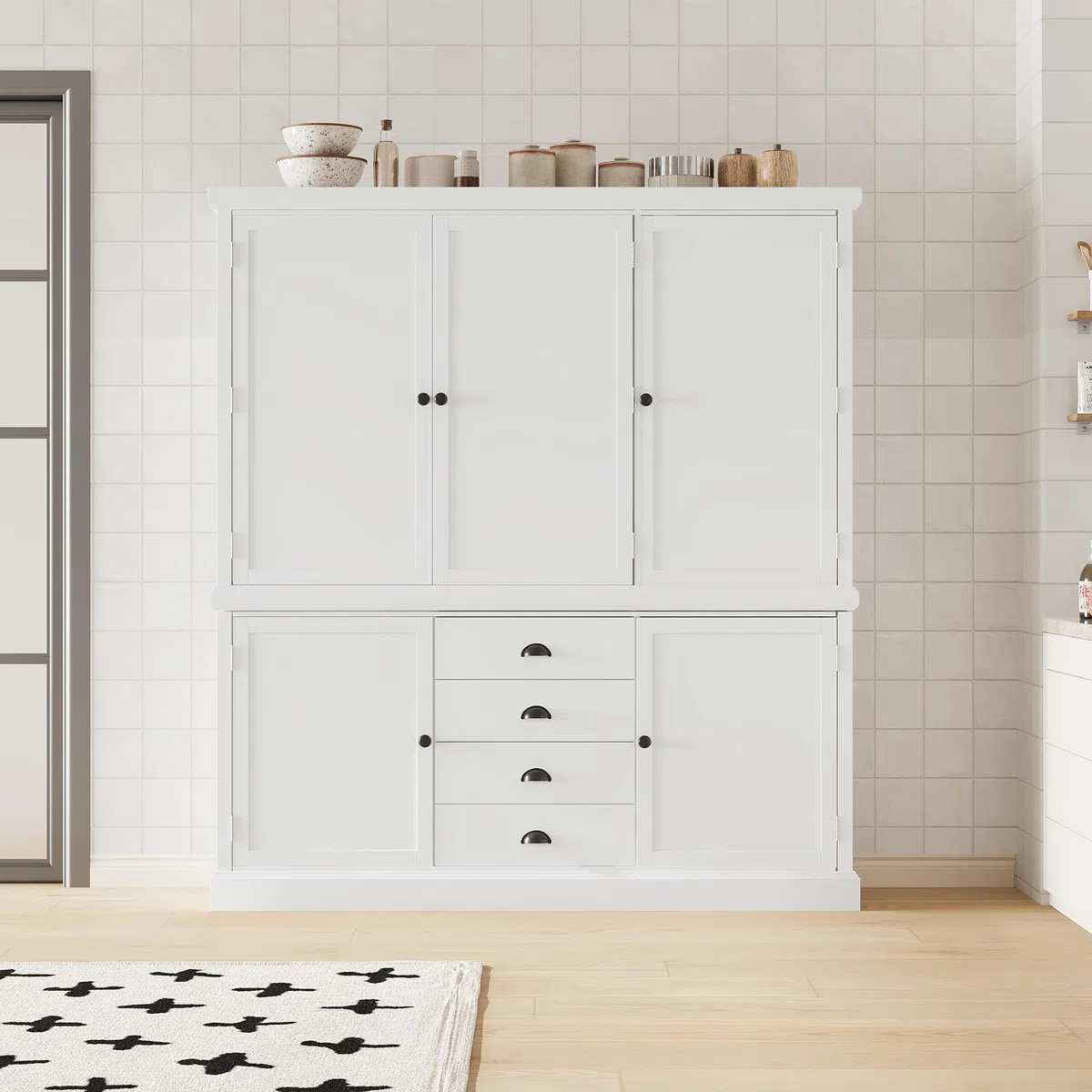 Garde-manger de cuisine en bois blanc – Meuble de rangement élégant avec 4 étagères réglables et 5 portes – Solution polyvalente pour salle à manger et cuisine