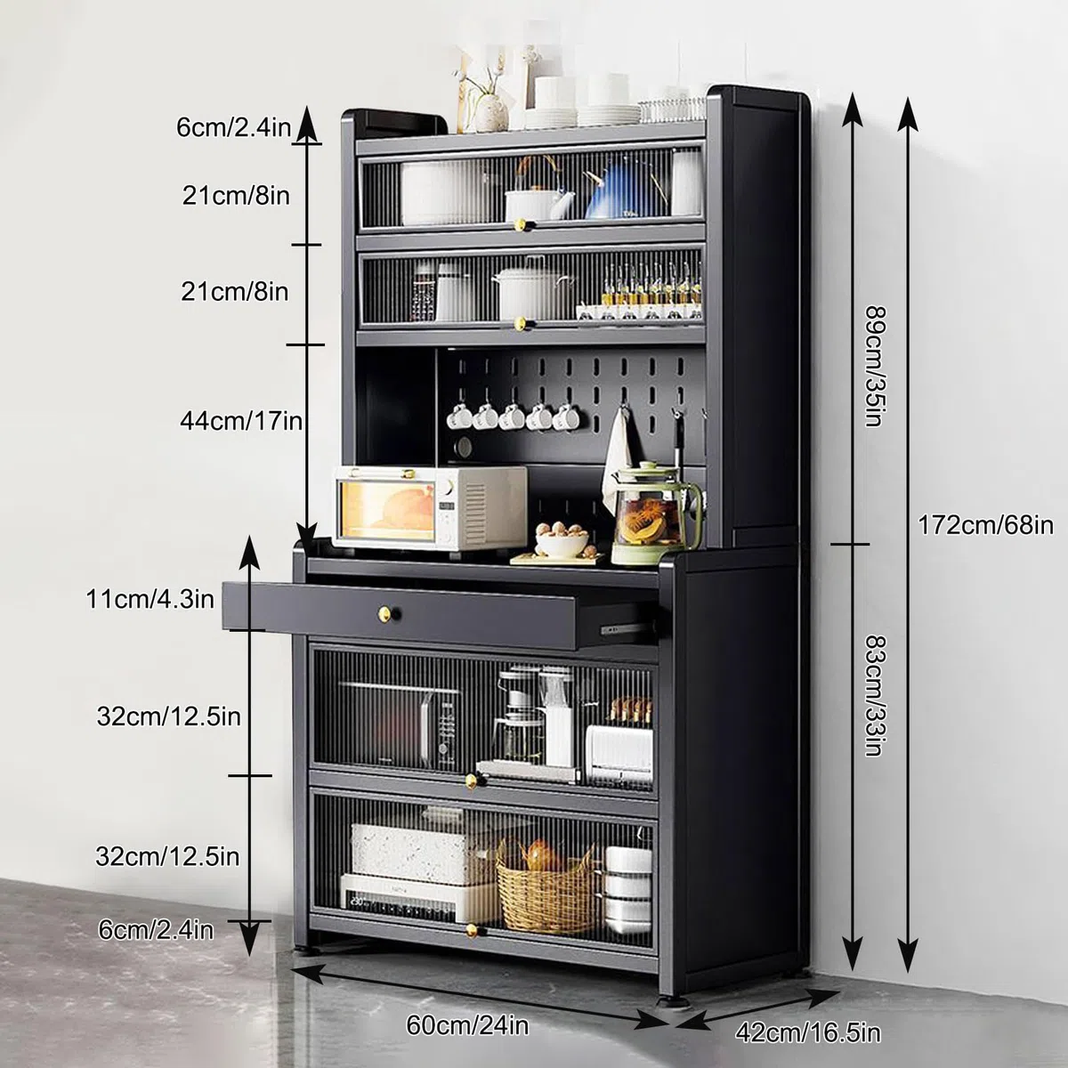 Armoire de cuisine autoportante blanche avec support pour micro-ondes, tiroirs et grand espace de rangement, 61 x 172,7 cm