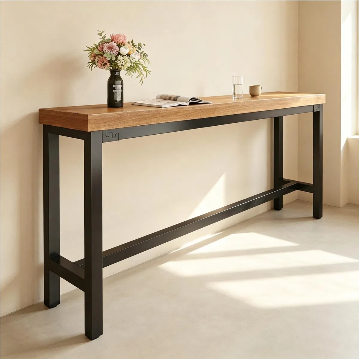 Table haute de bar en bois,table mange debout avec structure acier robuste