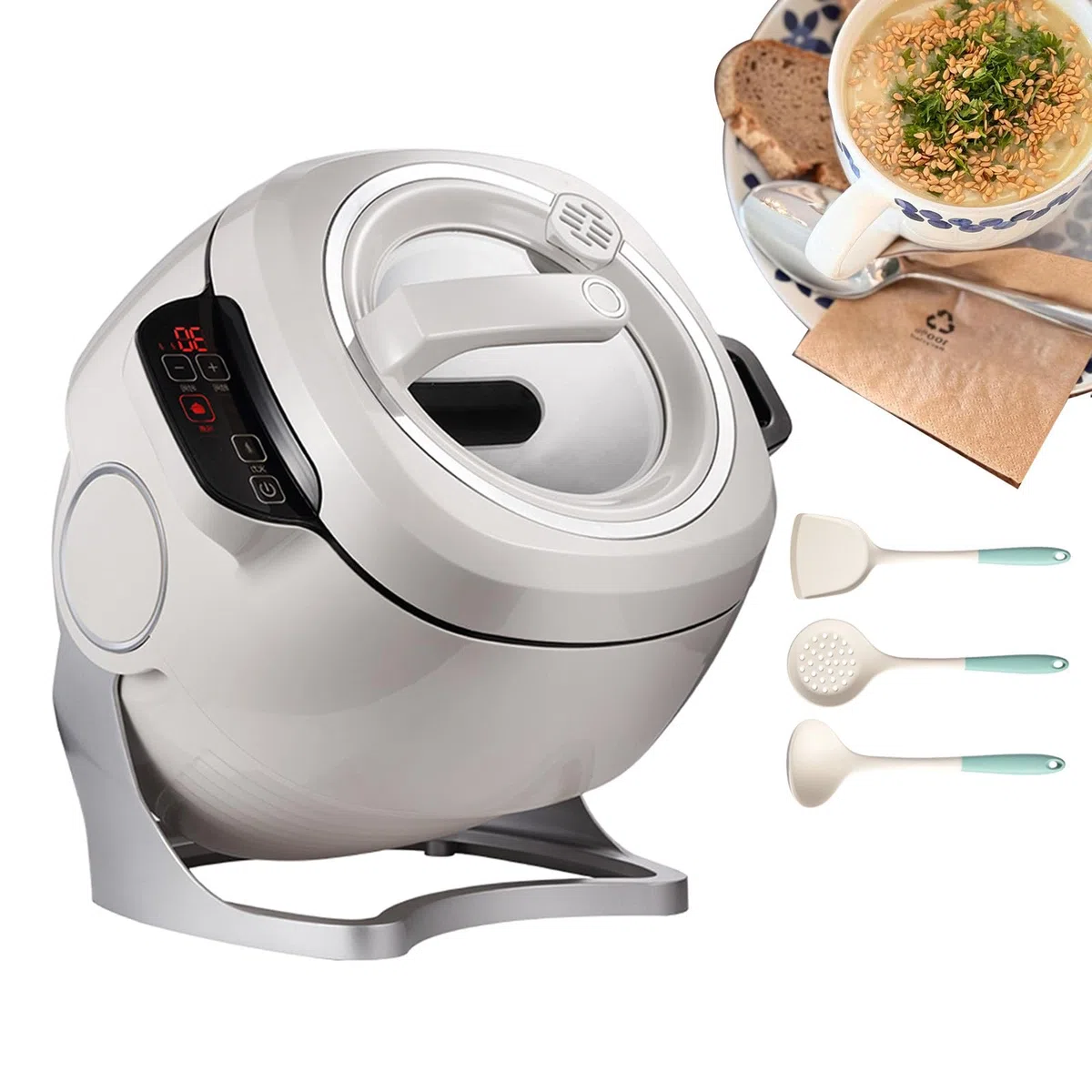 Marmite Automatique 6L 2000W pour Riz Frit, Machine De Cuisson À Tambour - Rotation Automatique À 360°, Marmite Automatique Portable - Idéale pour Pique-Nique/Maison,