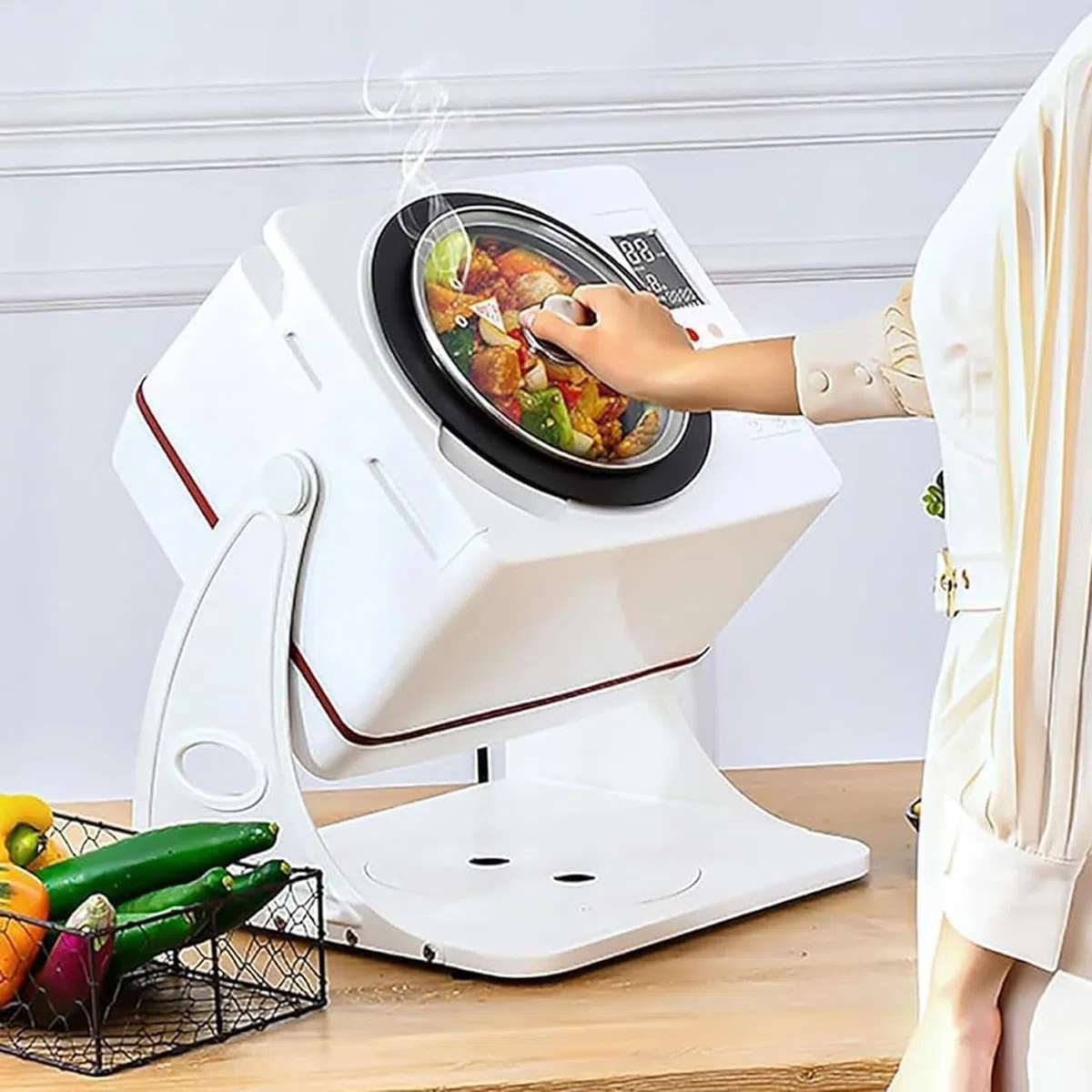 Robot culinaire commercial 2500 W, machine à riz frit à tambour de 6 L, machine de cuisson automatique intelligente à rotation à 360 °, chauffage omnidirectionnel 3D et écran tactile intelligent