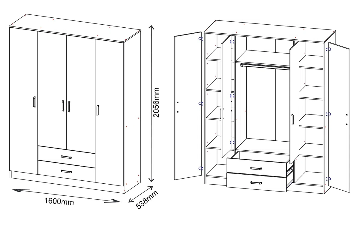 VBChome Armoire 160 x 52 x 205 cm - Blanc - 4 portes - 2 tiroirs - Miroir - Armoire de couloir - Armoire de salon - Avec miroir - 160 x 52 x 205 cm