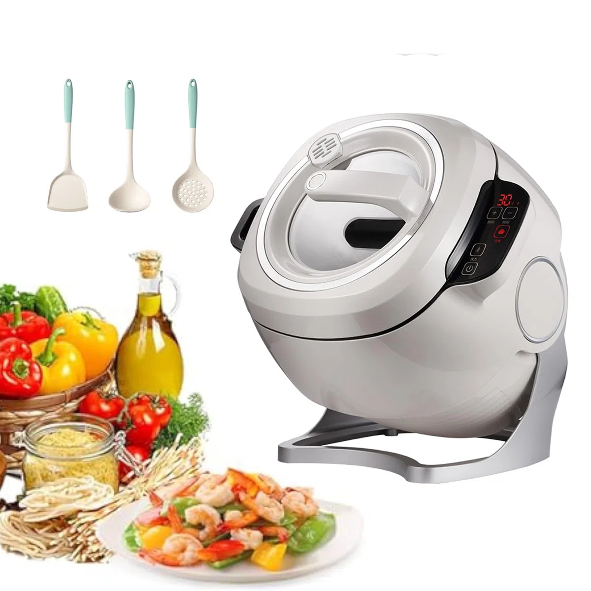 Machine À Riz Frit Automatique 2000W 6L, Machine À Riz Frit Automatique avec Marmite/Commande Tactile, Réglage De La Vitesse À 3 Niveaux, Rotation Automatique À 360,