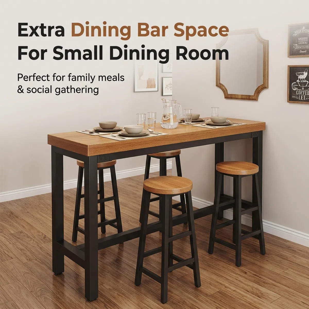 Table haute de bar en bois,table mange debout avec structure acier robuste