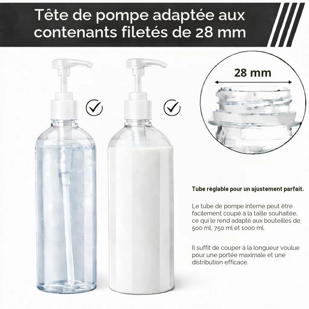 Lot de 2 distributeurs de pompe universels compatibles avec les shampooings les plus populaires, taille de 1 000 ml, 750 ml, 500 ml, blanc
