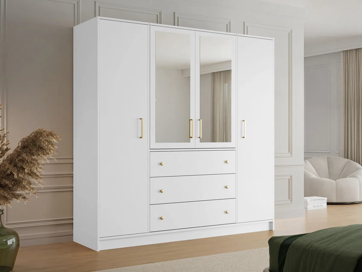 Mirjan24 Raviren Lux 4D Armoire à portes battantes avec miroir, 3 tiroirs et tringle à vêtements, élégante armoire pour chambre à coucher, chambre d'adolescent (blanc)