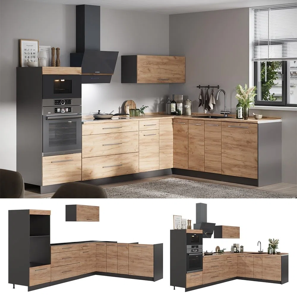 Vicco Cuisine en Angle Fame-Line, Chêne doré/Anthracite, 287 x 207 cm