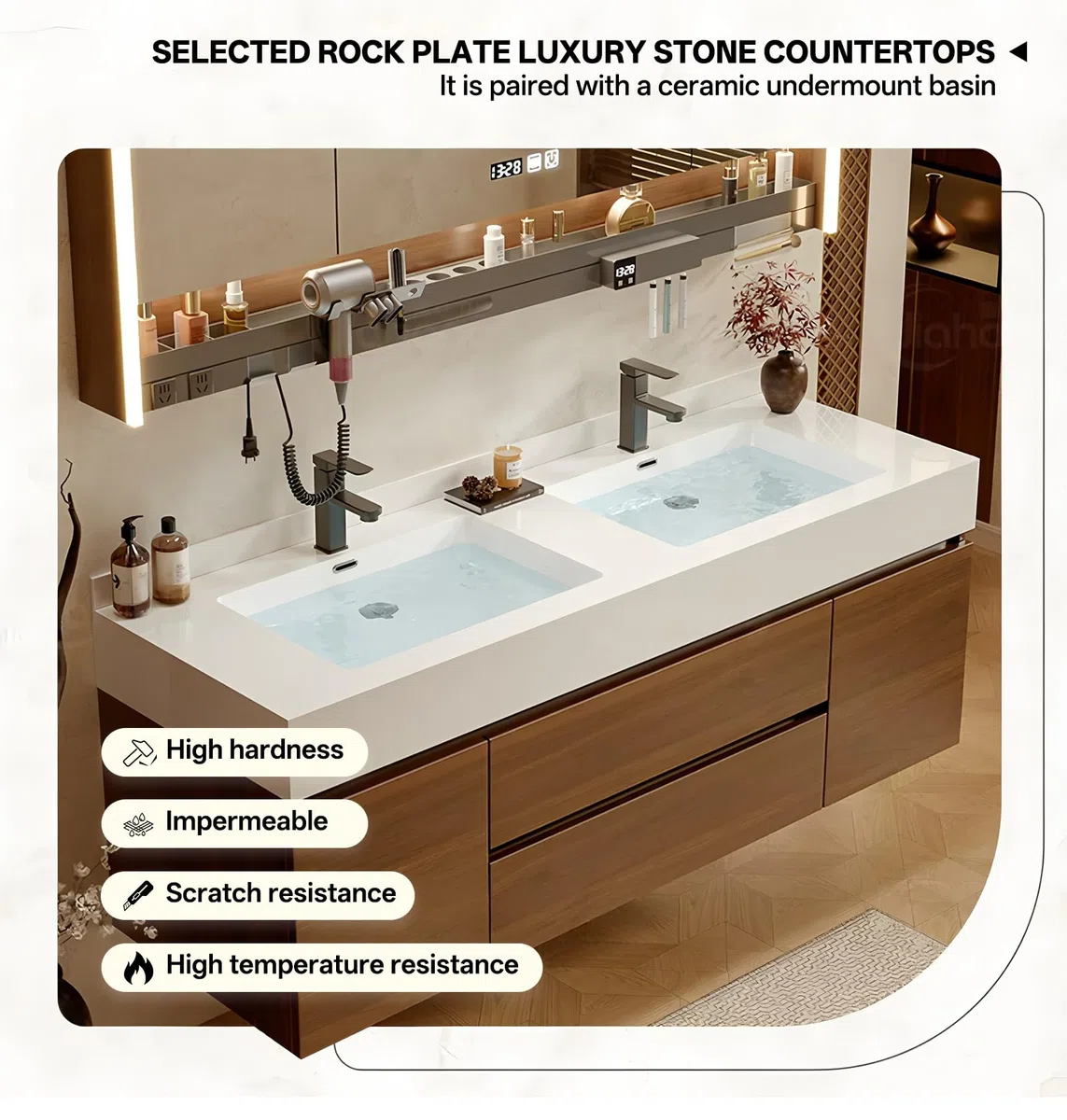 Meuble de salle de bain en bois de noyer avec miroir antibuée intelligent à DEL – Meuble flottant en ardoise avec évier en céramique et tiroirs de rangement – 203,2 cm