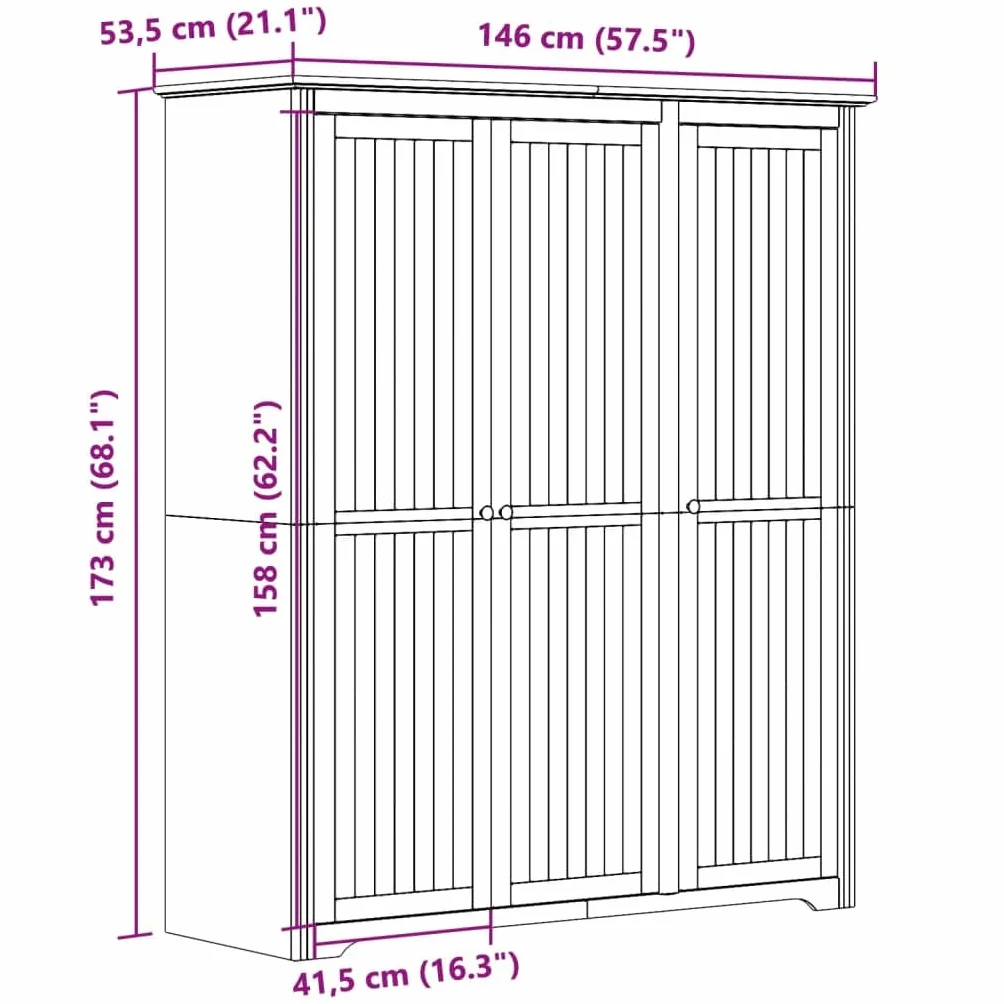 Armoire BODO - Blanc et marron - En pin massif - 146 x 53,5 x 173 cm - Avec 3 portes, poignées en métal, tringle à vêtements, étagère pour chambre à coucher et dressing