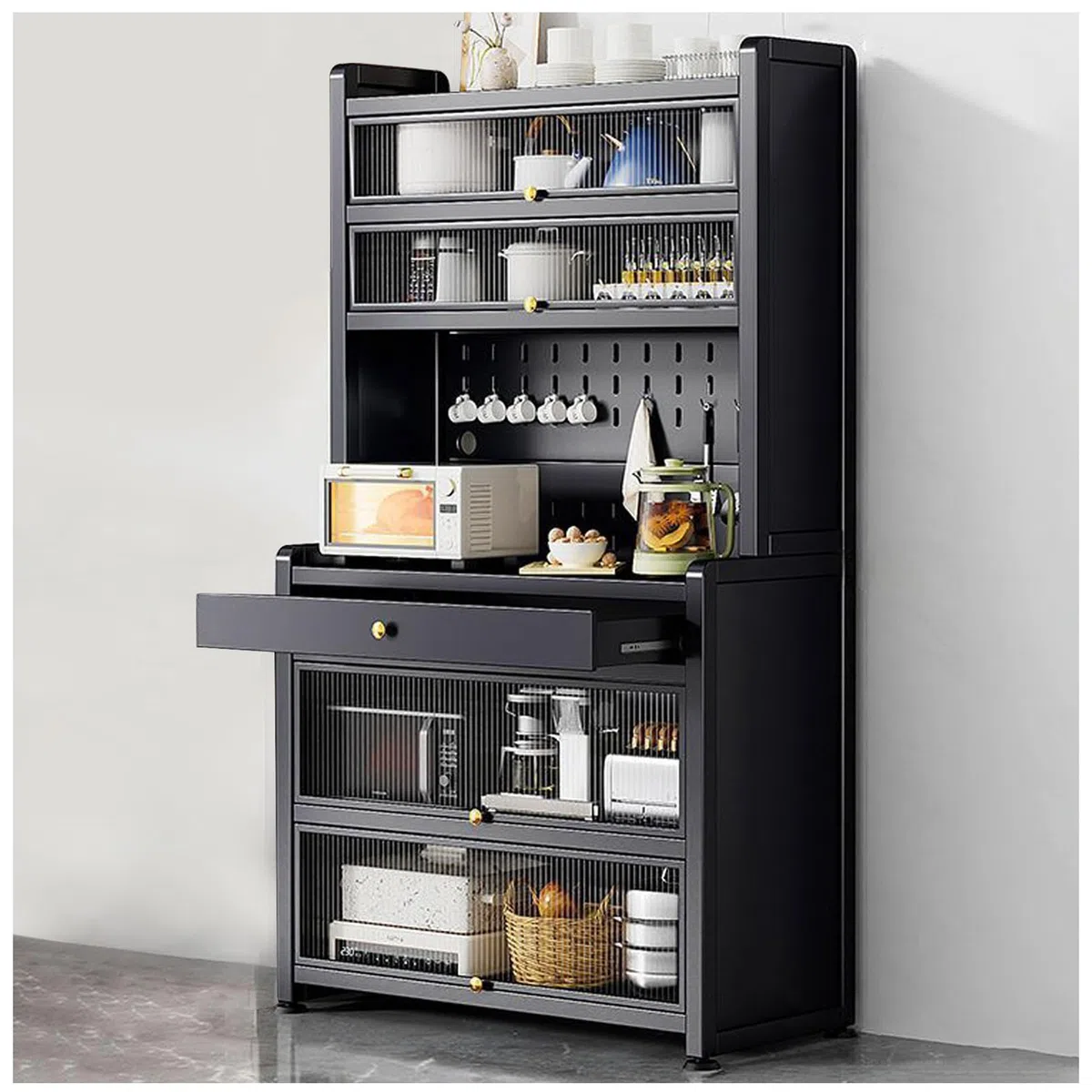 Armoire de rangement autoportante avec tiroir et roulettes pour micro-ondes Noir 60 x 172 cm