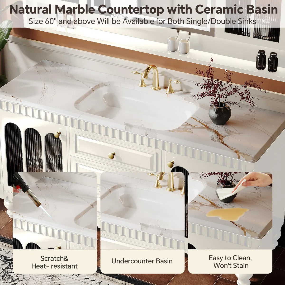 Meuble de salle de bain de style français simple avec armoire en bois massif, miroir de rangement intelligent, charnières à fermeture douce, design élégant pour salles de bains modernes