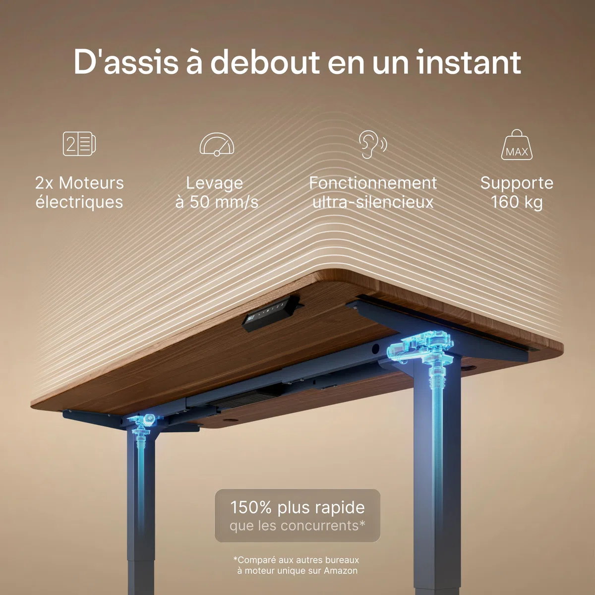 Desktronic Bureau Assis-Debout Électrique – Plateau de Table en Bois Massif – Hauteur Réglable et Stabilisée – Commande Tactile avec Mémoires – Ports USB Intégrés – Tableau Assis-Debout 180x80cm
