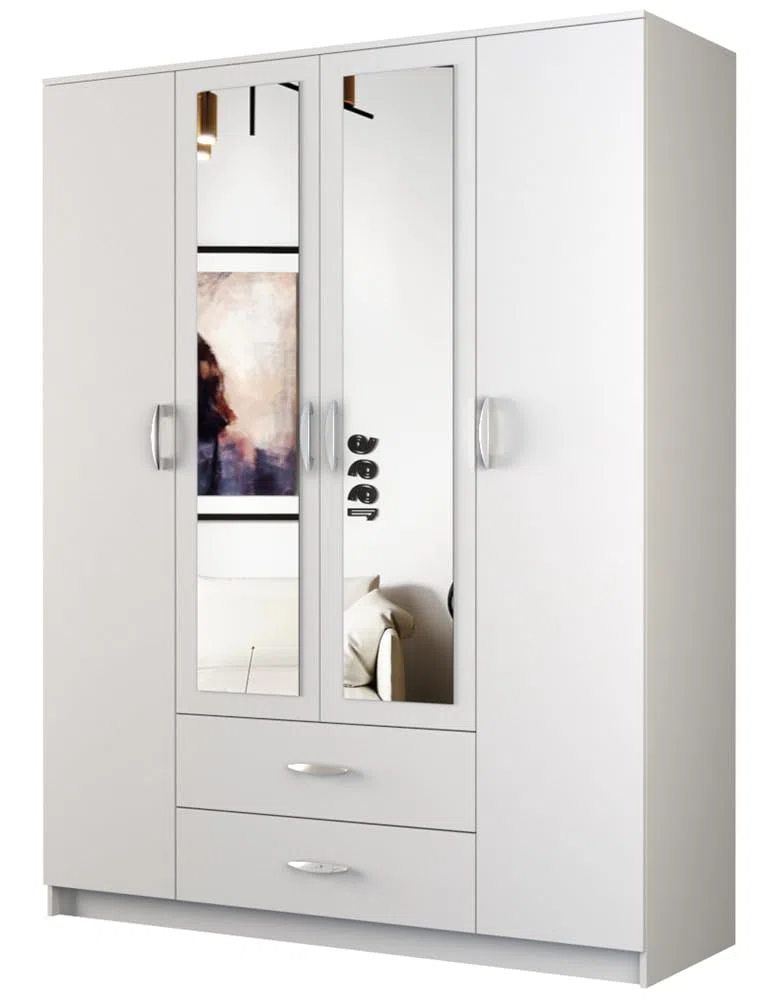 VBChome Armoire 160 x 52 x 205 cm - Blanc - 4 portes - 2 tiroirs - Miroir - Armoire de couloir - Armoire de salon - Avec miroir - 160 x 52 x 205 cm