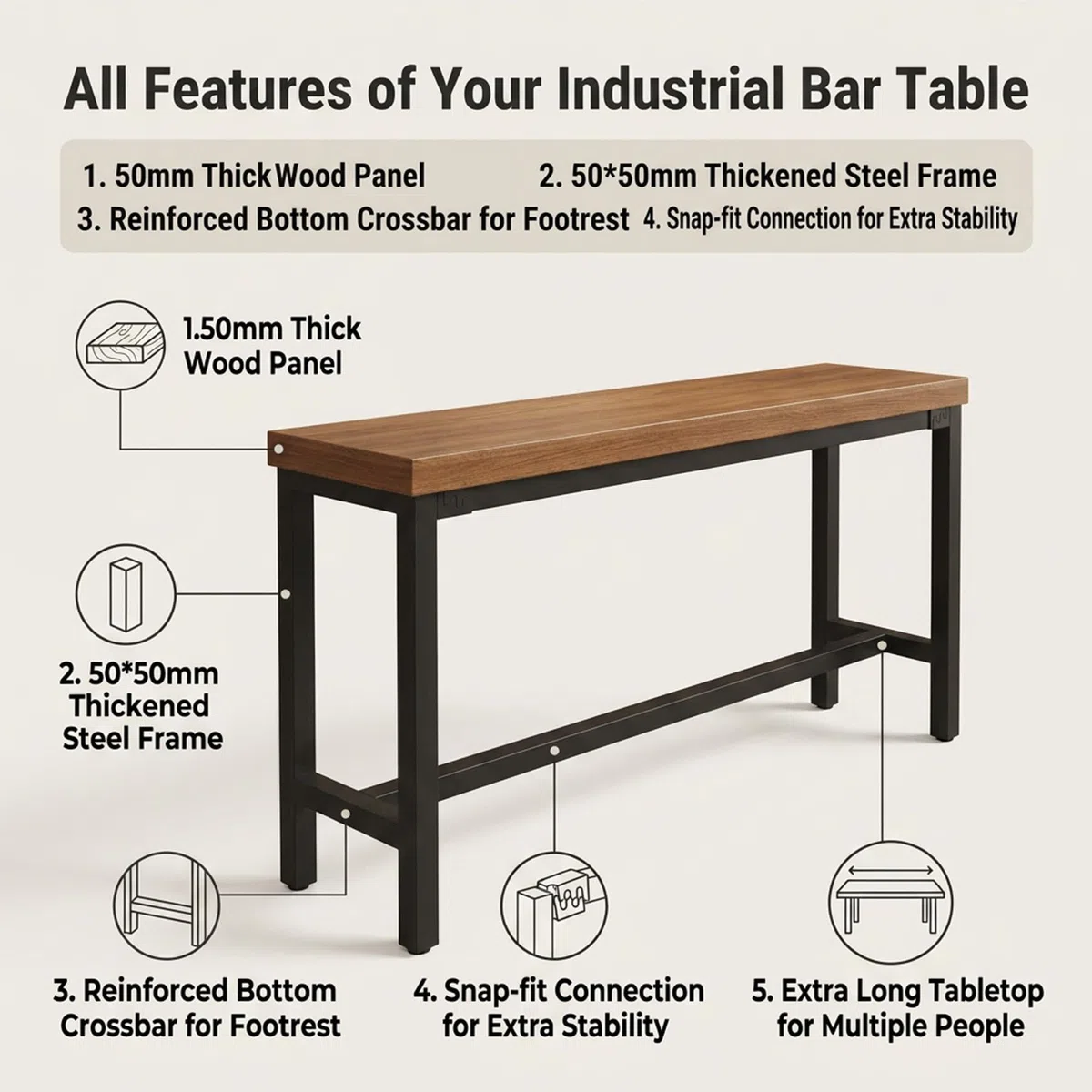 Table haute de bar en bois,table mange debout avec structure acier robuste