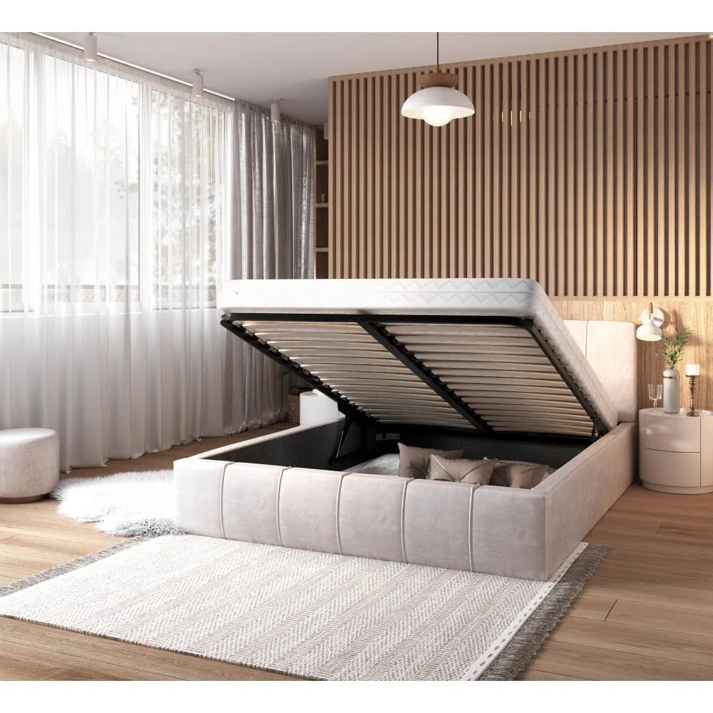 Lit coffre ATLANTA 140 x 190 cm avec sommier à lattes relevable Beige