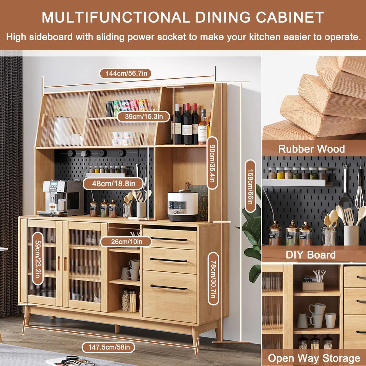 Armoire de cuisine avec station de charge coulissante et support de micro-ondes avec plaque d'orifice en métal 3 tiroirs autoportants pour salle à manger (noir) 167,6 cm
