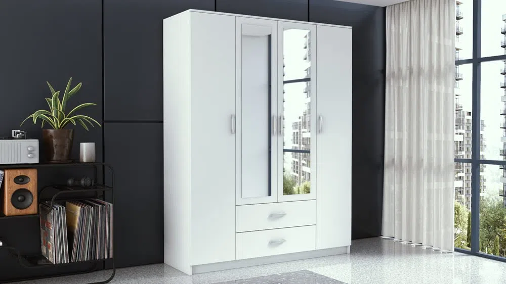 VBChome Armoire 160 x 52 x 205 cm - Blanc - 4 portes - 2 tiroirs - Miroir - Armoire de couloir - Armoire de salon - Avec miroir - 160 x 52 x 205 cm